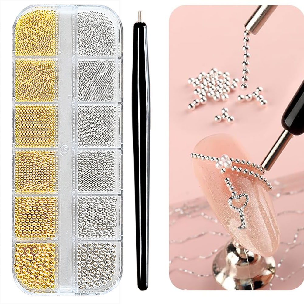 Nail Art Valentines Day - 12Grid Goud/Zilver Mini Kaviaar Kralen Nail