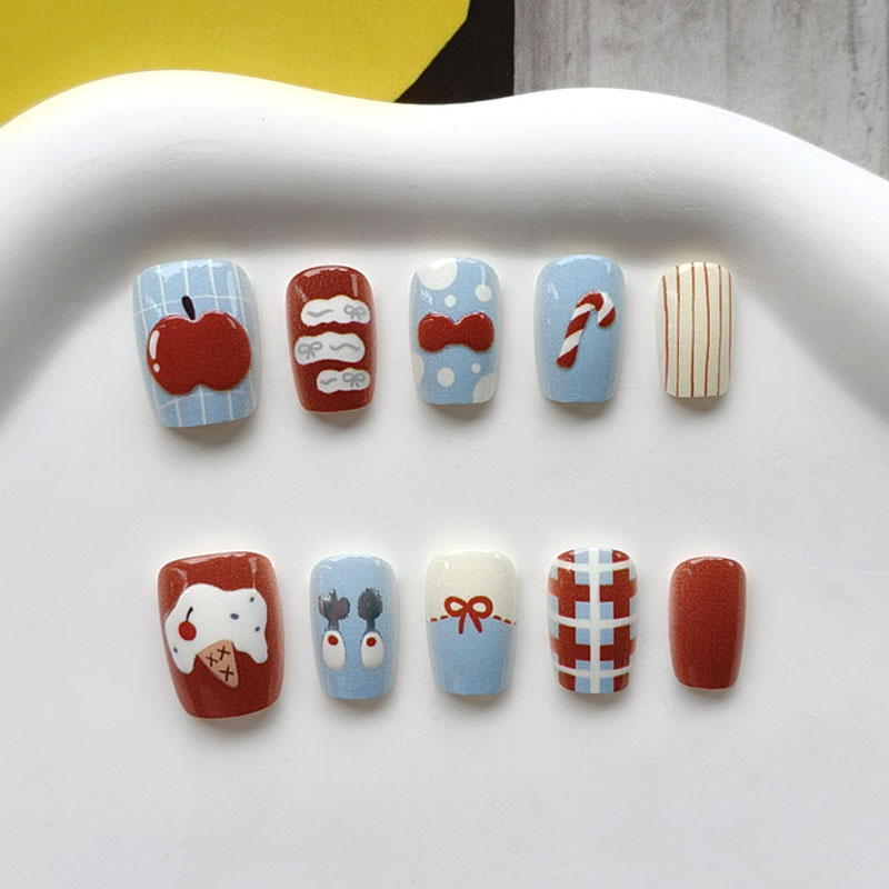 Nail Art Press On - 10 stuks 3D-appelkorte stijl opdruknagels, Franse